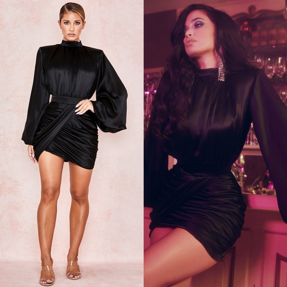 HOUSE OF CB 'Khristen' Black Satin Blouson Dress
